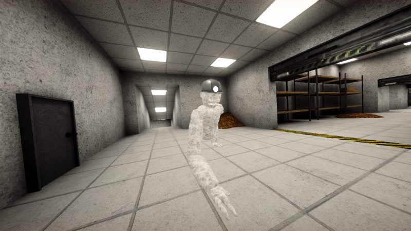 Ashy, a pale grey ape wearing a miner's helmet, in a long tiled corridor with storage shelves