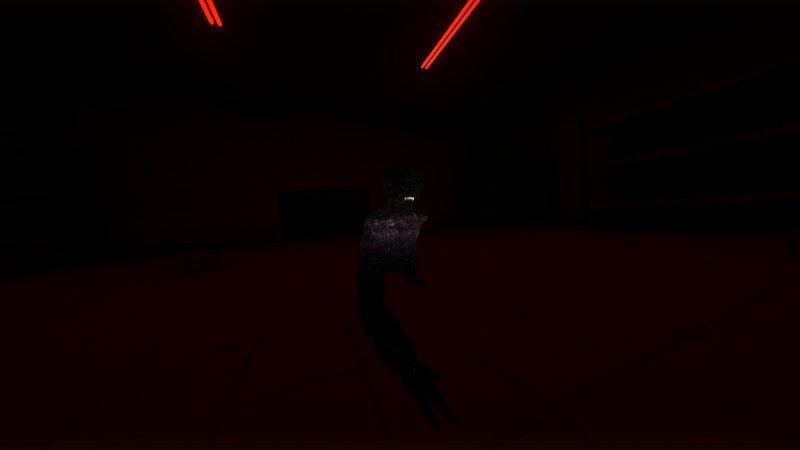 Void, a shadowy ape, barely visible in a dark room lit by red neon strips